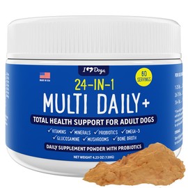 iHeartDogs 24-in-1 Adult Dog Multivitamin Daily+ Total Health Support Powder with Probiotics, Omega-3, Glucosamine, Mushrooms & Bone Broth - 60 Servings