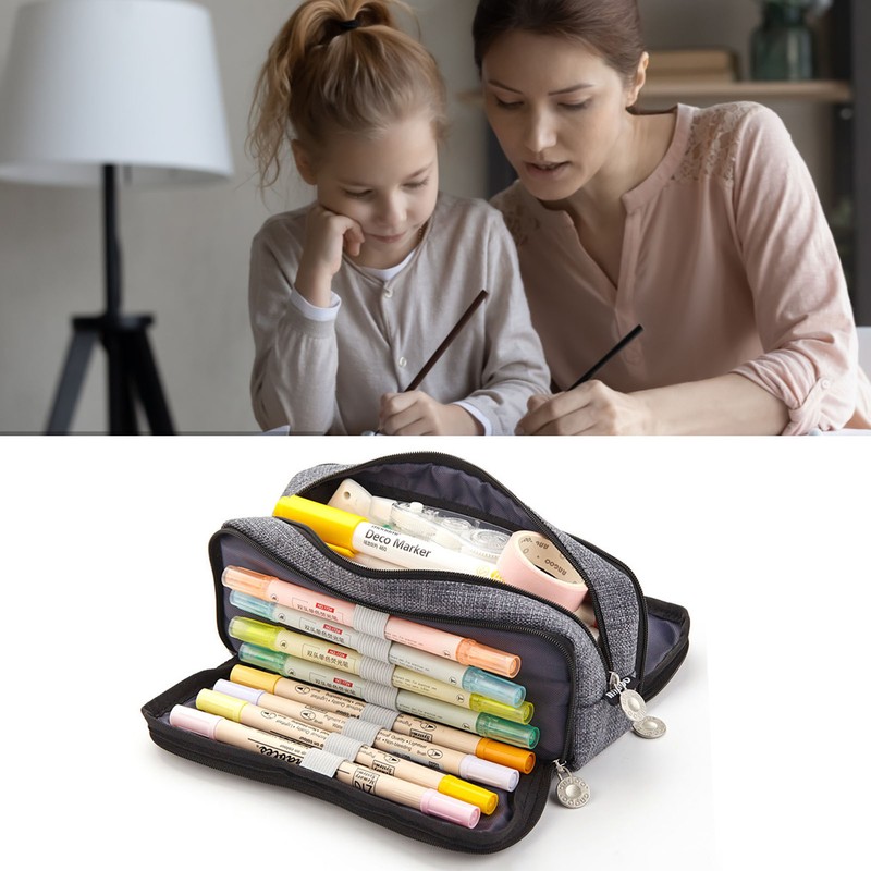 Large Capacity Pencil Case Multi Pocket Double Opening Cute Stationery