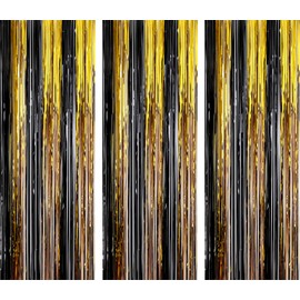 AILEXI 3 Pack 3.2ft*8.2ft Metallic Tinsel Curtains Foil Fringe Shimmer Streamers Curtain Door Window Decoration for Party Supplies - BlackGold