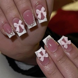 French Tip Press on Nails Short Square Fake Nails with Design Pearl Rhinestone Acrylic Nails Full Cover Nude Stick on Nails Artificial Coffin Nails Cute Pink Bow Press on Nails for Women Girls 24Pcs