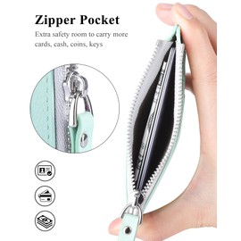 Teskyer Women Card Holder Wallet, Slim Credit Card Wallets, Minimalist, RFID Blocking, 1 ID Window, with Zipper, Holds up to 8 Cards, Aqua Green