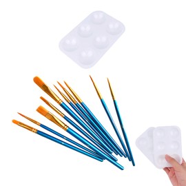 LNAUJS Paint Brush and Paint Tray Palette Set, 10 PCS Nylon Hair Brushes and 1 Pack 6 Well Plastic Paint Palette
