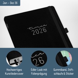 Häfft® Chäff-Timer Premium Calendar 2026 A5 "Black" Book Calendar, Appointment Calendar, Weekly Planner, Weekly Planner 12 Months: Jan 26 to Dec 26 - Sustainable and Climate Friendly