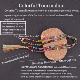 KIKILA Mala Beads 108 Natural Stone GemStones Japamala Yoga Meditation Hand Knotted Beaded Tassel Necklace for Women Men (Colorful Tourmaline)