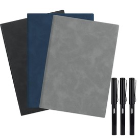 HETIE 3 Cuaderno Tapa Dura A5 con 3 Bolígrafos, Perfecto para Escribir, Tomar Notas, Dibujar y Llevar un Diario. El Regalo Perfecto para la Escuela y el Trabajo (Negro + Gris + Azul + 3 Bolígrafos)
