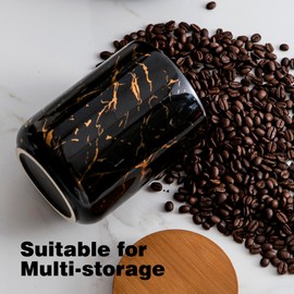 Kendiis Ceramic Canister Set of 3 for Kitchen Countertop Storage, Black Food Storage Containers Jars with Airtight Wood Lids for Flour, Sugar, Coffee, Tea & Spices, Modern Countertop Decor