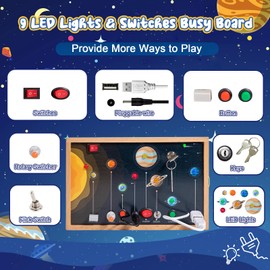 Adena Montessori Solar System Busy Board for Toddlers Wooden, Sensory Activity Board Toys LED Light Switch,Travel Toys for 1-6 Year Old Boys & Girls Gifts,Educational Board for Fine Motor Skills