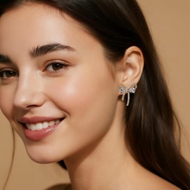 Jean Beau Gold Cute Bow Stud Earrings for Women, Dainty Sparkly Rhinestone Cubic Zirconia Hypoallergenic Earring Party Prom Wedding Jewelry Gift