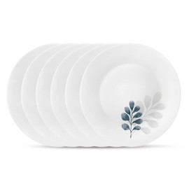 Bormioli Rocco White Moon Botanica Blue, Set Of 6, 7.75" Dessert Plates, Tempered Opal Glass Dishes, Dishwasher & Microwave Safe, Made In Spain.