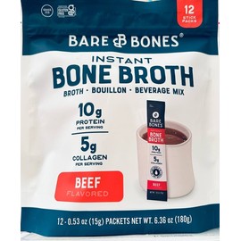 Bare Bones Instant Bone Broth Sticks Beef 12 Sticks10g Protein 5g Collagen  Each