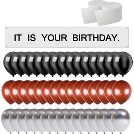It is Your Birthday.The Office Birthday Decorations,Banner 48 PC Set Vinyl Banner,Brown Black Gray Balloons,White Crepe Streamers Roll,The Office Birthday Banner Set Decorations