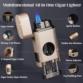 Cigar Cutter and Triple Jet Torch Lighter Set, Rose Gold, Built-in Punch Cutter (Golden)