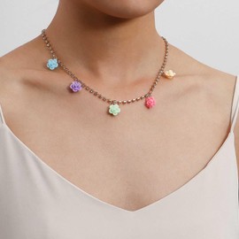 Cybche Boho Tennis Chain Choker Necklace Colorful Floral Necklace Flower Dangle Necklace Rose Flower Chain Necklace Gold Cz Tennis Necklace Jewelry for Women