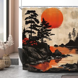 SVBright Japanese Red Shower Curtain 60Wx72L Inch Sunset Sun Anime Tree Black Chinese Mountain Ink Painting Flower Lake Botanical 12 Pack Hooks Polyester Waterproof Fabric Bathroom Bathtub Panels