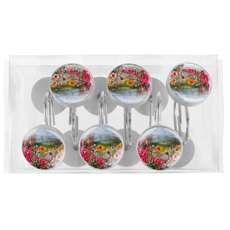 Flower Rose Spring Floral Decorative Shower Curtain Hooks Rings Set