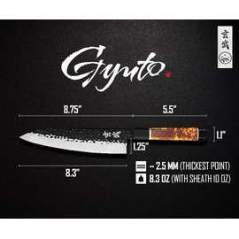 Concord Genbu Traditional Japanese Chef's Knife Raw Hammered Double Beveled 9CR18MOV Blade w/ 60 HRC. Tortoise Shell Resin Handle. Comes with Magnetic Magnolia Wood Sheath with Stand. (8" Gyuto)