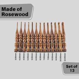 DnU Avenue Wooden Ergonomic Crochet Hooks Set of 13 Hooks, Size 3.5 MM to 12 MM Handmade Crochet Hooks for Arthritic Hands Sustainable, Lightweight & Easy Grip Crochet Tools Sheesham Wood (Set of 13)