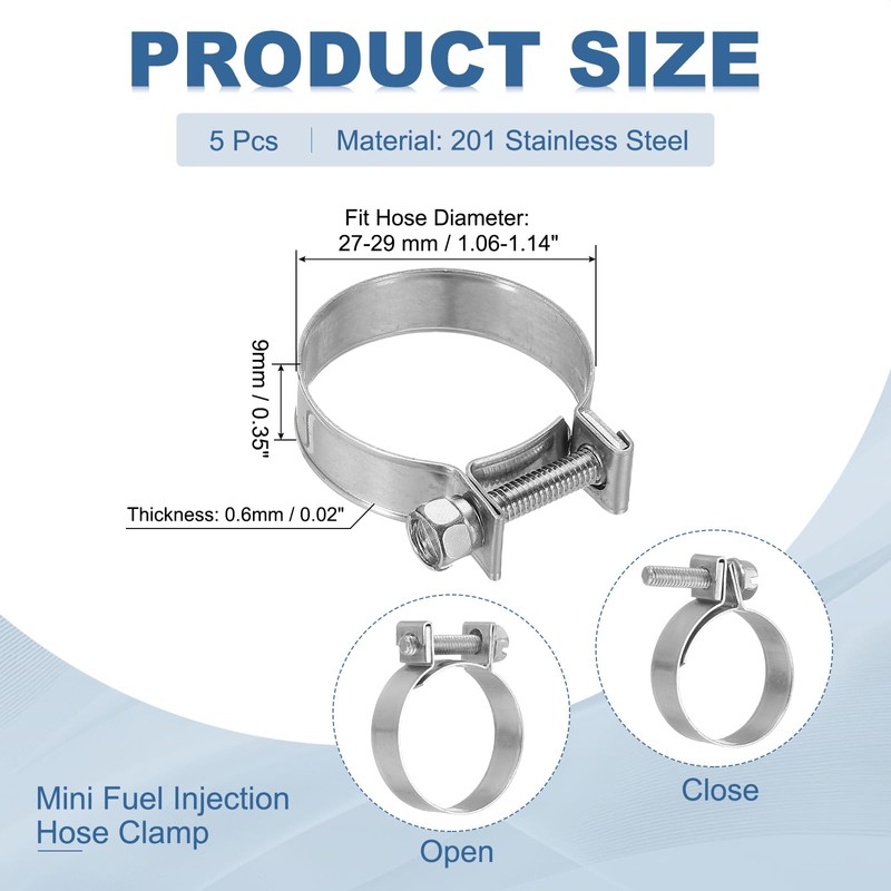 PATIKIL 5 Pcs 27-29mm Mini Fuel Injection Hose Clamps Stainless