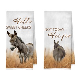 BlissfulAbon Funny Donkey Hand Towels Set - Donkey Gifts, Hello Sweet Cheeks Bathroom Decor, Farmhouse Rustic Country Farm Animal Waffle Decorative Hand Towels, 16x24 Inches Set of 2