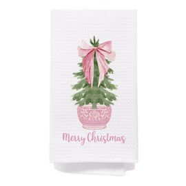 SPBL&L Pink Chinoiserie Christmas Kitchen Towels, Pink Bow Coquette Christmas Tree Dish Towels for Kitchen Bathroom,Grandmillennial Decor,Pink Christmas Hand Towels for Bathroom Kitchen, 16x24 Inches