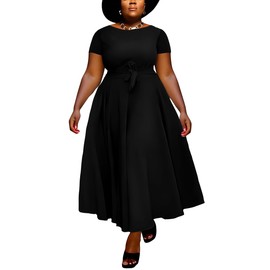 BFFBABY Black Dress Plus Size Formal A Line Dresses for Women Summer Long Dresses with Sleeve Casual Belted