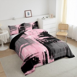 Abstract Bedding Set for Kids Boys Girls Pink Grey Comforter Set Full Size Geometric Duvet Quilt Bedroom Decor Breathable Soft Lightweight Microfiber Geometry 3Pcs
