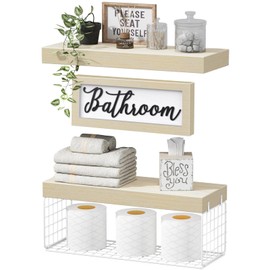 QEEIG ‎Bathroom Shelves Over Toilet - Paper Storage Wall Mounted Farmhouse Decor Decorations Aesthetic Décor Sign Small Floating Shelf 2+1 Set 16 inch, Natural (020NW)