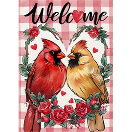 Covido Welcome Valentine's Day Cardinal Bird Decorative Garden Flag, Pink Plaid Check Red Rose Heart Yard Outside Decorations, Anniversary Wedding Outdoor Small Home Decor Double Sided 12 x 18