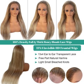 Highlight Wear and Go Glueless Human Hair Wigs, 180% Density Ombre 13x4 HD Lace Front Wigs Human Hair Pre Plucked Brown Balayage Platinum Blonde #60 Lace Frontal Wigs for Women 22" Bleached Knots
