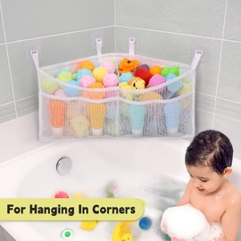 Goowin Triangle Corner Bath Toy Organizer, Quick Access Storage Holder for Bathtub, Large Capacity Mesh Toy Holder for Hanging (White)