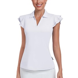 Soneven Women's Petal Sleeve Golf Shirts Floral Short Sleeve Polo Shirts Moisture Wicking Tennis Shirts Argyle