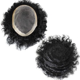 Afro Toupee HAIR WONDERS Durable Fine Mono Base Afro Toupee For Black Men 100% Real Human Hair Mono Lace PU around Easy To Install Hair Units For Black Men (8''*11''-6MM WAVE, 1B# OFF BLACK-110% light to medium density)