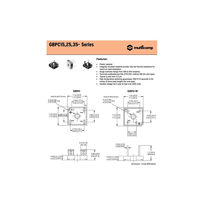 (Pair) GBPC3504 - Bridge Rectifier Diode, Single, 400V, 35A, Module,