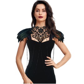 keland Feather Shrug Epaulettes Cape Scarf Steampunk Body Chain Shoulder Chain Harness for Women Burlesque Costume (Black-001)