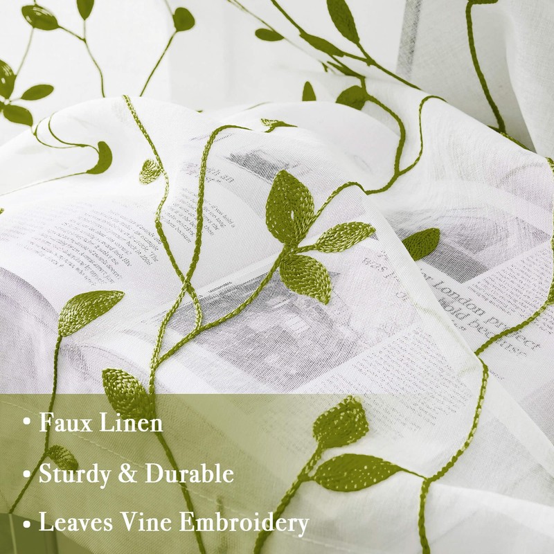 WUBODTI Sage Green Leaf Embroidered Sheer Curtain 72 Inches Long