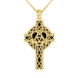 YAFEINI Kreuz Kette für Damen Sterling Silber Irisch Keltische Herz Kreuz Anhänger Halskette Gold überzogene Schwarze Onyx Kreuz Schmuck Geschenke für Mädchen