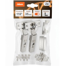 Blum Clip Top Blumotion Straight Furniture Hinge with Spring, 110°, Corner Stop plus Blum Clip Eccentric Cross Mounting Plate, Steel, Screw Variant, 0 mm Distance, 35 mm Diameter, Pack of 2