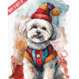 Coton de Tulear in a Clown Costume Dog Watercolor Painting Print 8x10
