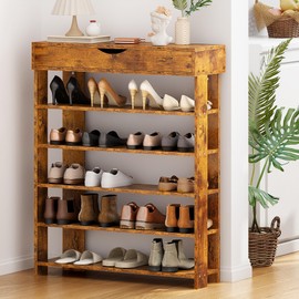 sogesfurniture 5-Tier Shoe Rack for Entryway, 29.5 inches Shoes Storage Organizer with Storage Compartment, Wooden Shoe Storage Cabinet Shoe Stand for Closet, Hallway, Living Room, Rustic Brown