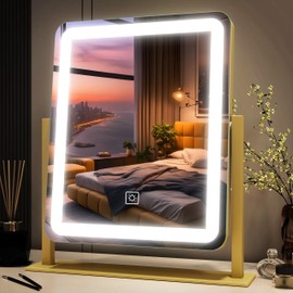 FENNIO Vanity Mirror with Lights - 15"x12.6" LED Lighted Makeup Mirror, Large Makeup Mirror with Lights, Touch Screen with 3-Color Lighting, Dimmable, for Vanity Desk Tabletop, Bedroom Gold