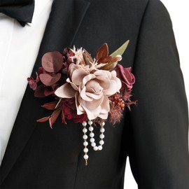 Ling's Moment Single Pocket Boutonniere for Man Groom, Artificial Flowers for Wedding Decor/Prom/Homecoming/Graduation, etc.Burgundy Dusty Rose