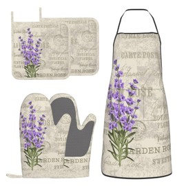 BOKEKANG Lavender Flowers Elegant Postcard Vintage Oven Mitts and Pot Holders with Apron Set of 5 Silicone Kitchen Mitten and Non-Slip Potholders Apron Set Heat Resistant Oven Gloves Hot Pads Set