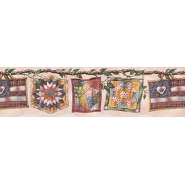 CONCORD WALLCOVERINGS ™ ", Quilted Laundry Line Wallpaper Border, 6.5" x 15' Retro Patchwork Blankets, Prepasted for Easy Installation, Country Farmhouse Style in Muted Tones #BP007135B