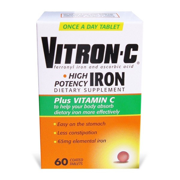 Vitron-c High Potency Iron Supplement Plus Vitamin C - 60 Coated Tablets (Pack of 4)