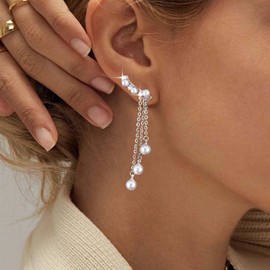 Ximdble Vintage Crystal Pearl Ear Climber Earrings Silver Long Chain Tassel Dangle Earrings Boho Cz Pearl Earrings Boho Pearl Drop Earrings for Women
