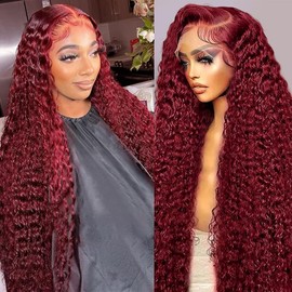 Fuduete 28 Inch 99J Burgundy Deep Wave 13x6 Lace Front Wigs Human Hair 200% Density Lace Frontal Wigs Human Hair Pre Plucked 99j Burgundy Deep Curly Wave HD Lace Front Wigs for Women (28Inch)