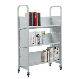 Book Cart, Three Layer Single Sided V-Shaped Library Book Cart with 4 Rotatable Wheels, 200LBS Loading Capacity Rolling Book Cart for Library, Bookstore, Classroom, Office, Silver