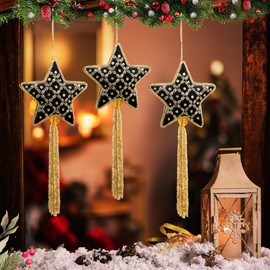 Lazy Gifts Set of 3 Black and Gold handbeaded Indoor Christmas Stars Ornaments with Beaded Tassels for Tree, Furniture & More, Luxury Christmas Ornaments in Organza Bags