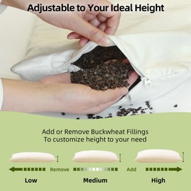 USlixury Buckwheat Pillow 20"X26" - Adjustable Height and Firmness, Buckwheat Pillow with Organic Cotton Shell, Firm Neck Support for Back/Side/Stomach Sleepers, Cool Sleep, White