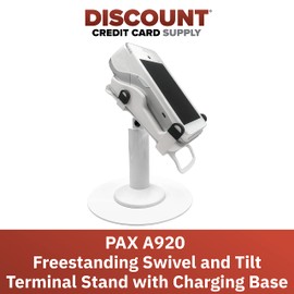 Discount Credit Card Supply DCCStands Pax A920 7" Freestanding Swivel and Tilt Terminal Stand with L920 Charging Base and Round Plate, White